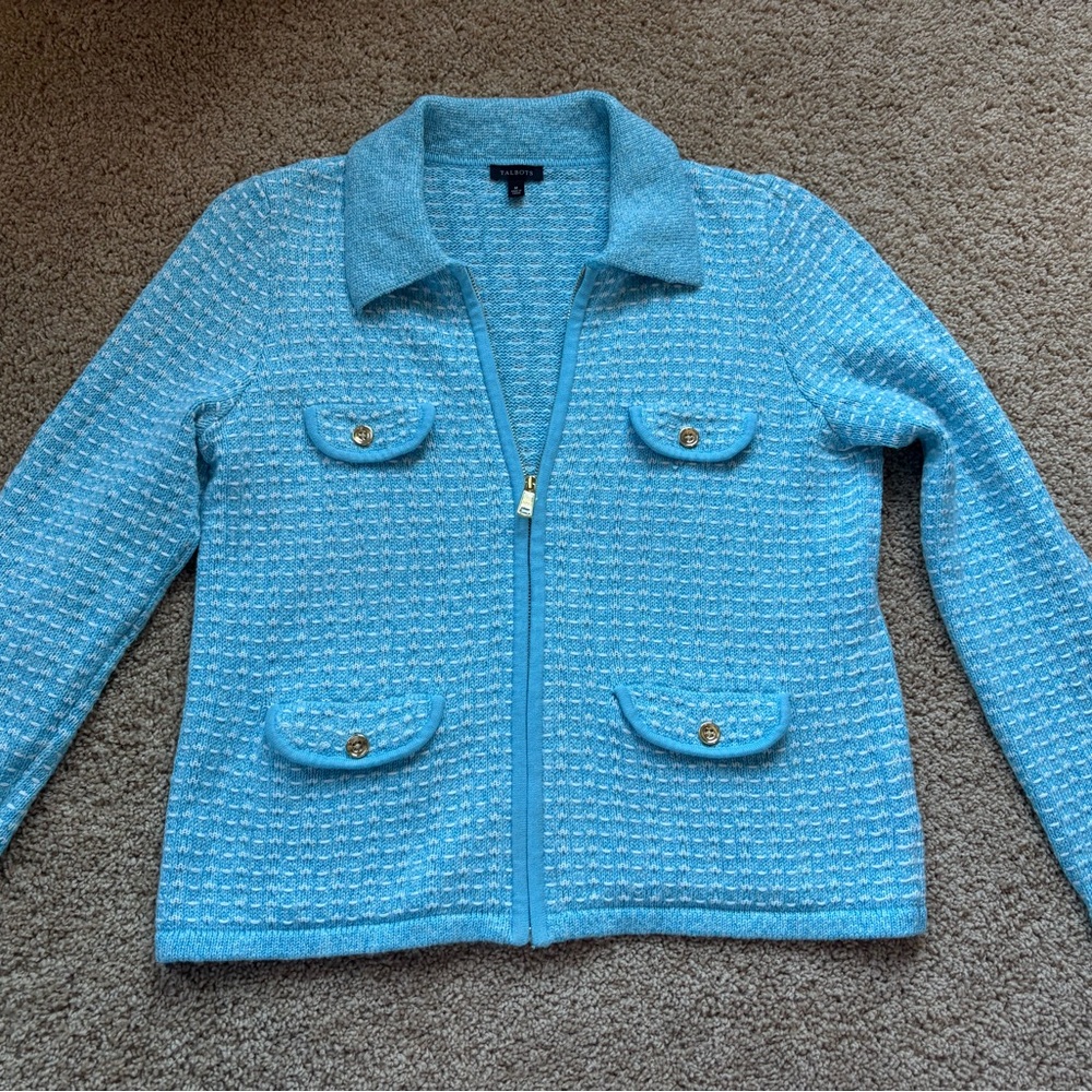 Talbots Womens Light Blue Aqua Metallic Tweed Zip Front Blazer Jacket Medium